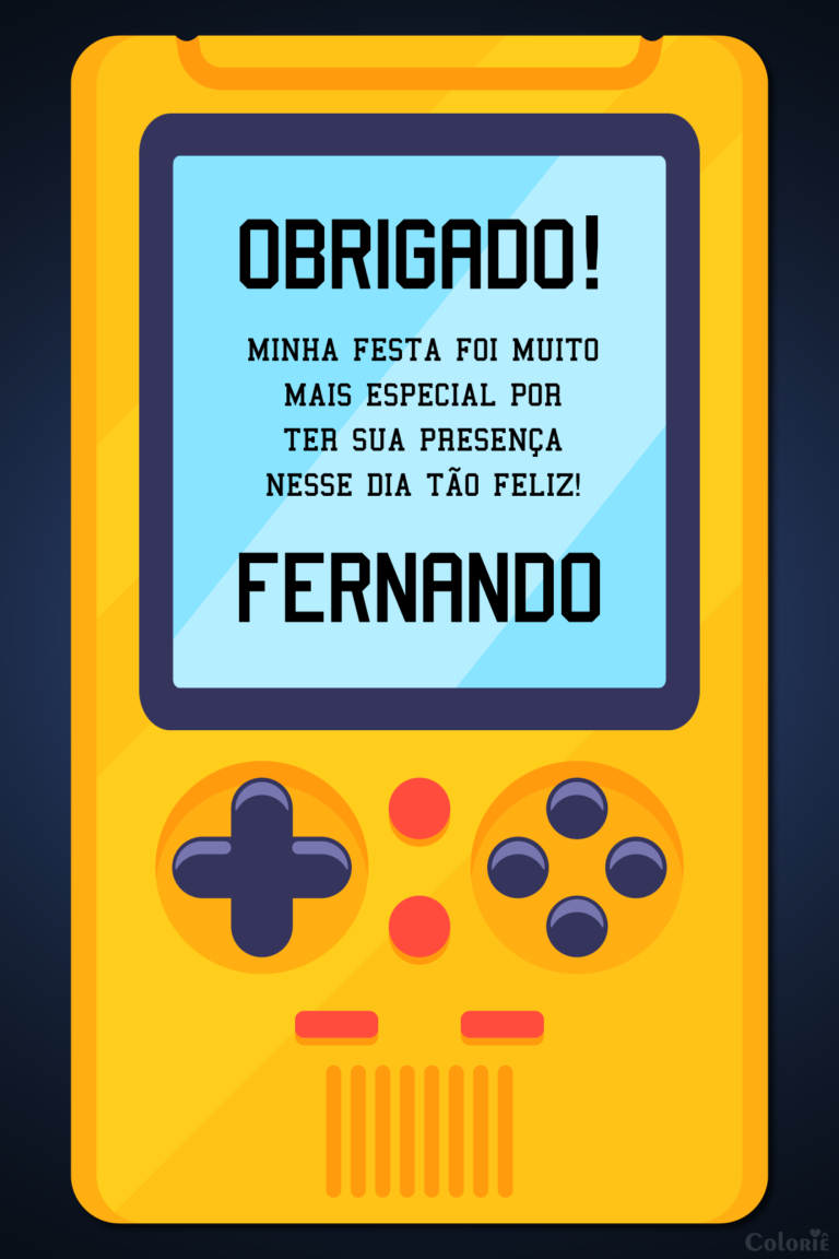 Cartão de agradecimento de videogame com mini game amarelo