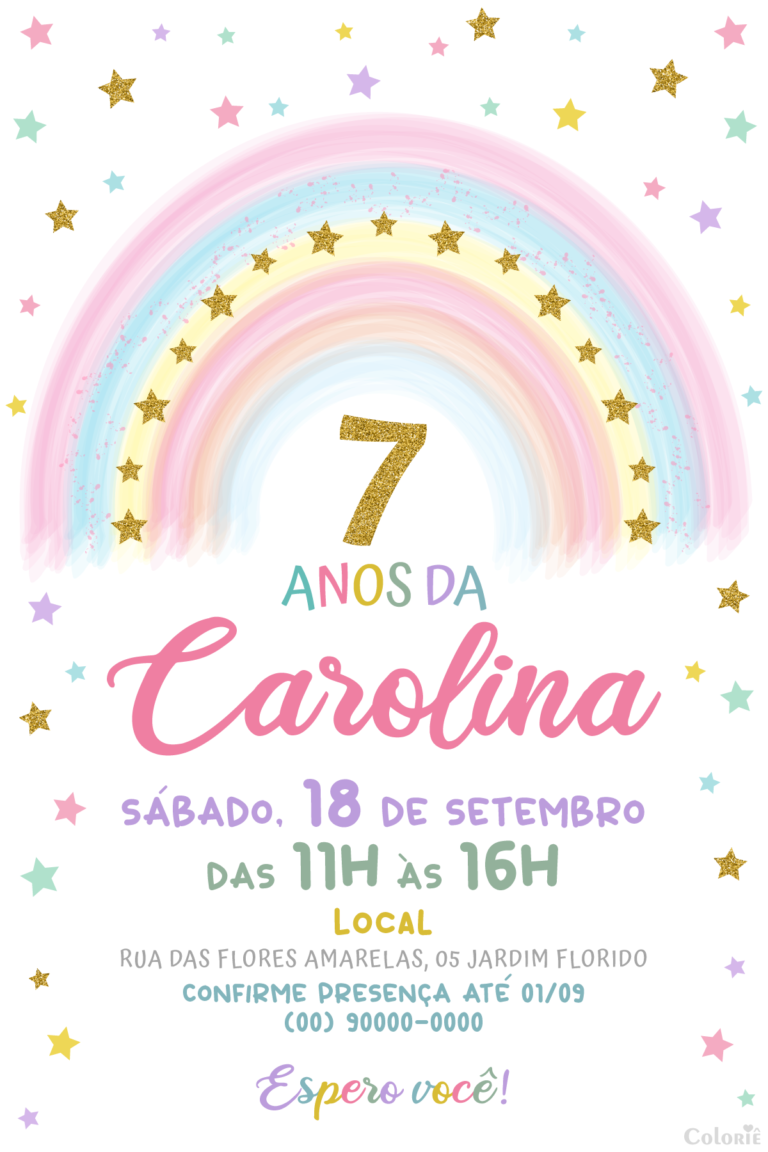 Convite digital de arco-íris com estrelinhas coloridas para festa
