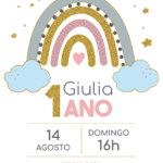 Convite digital de arco-íris para festa de 1 ano com detalhes dourados