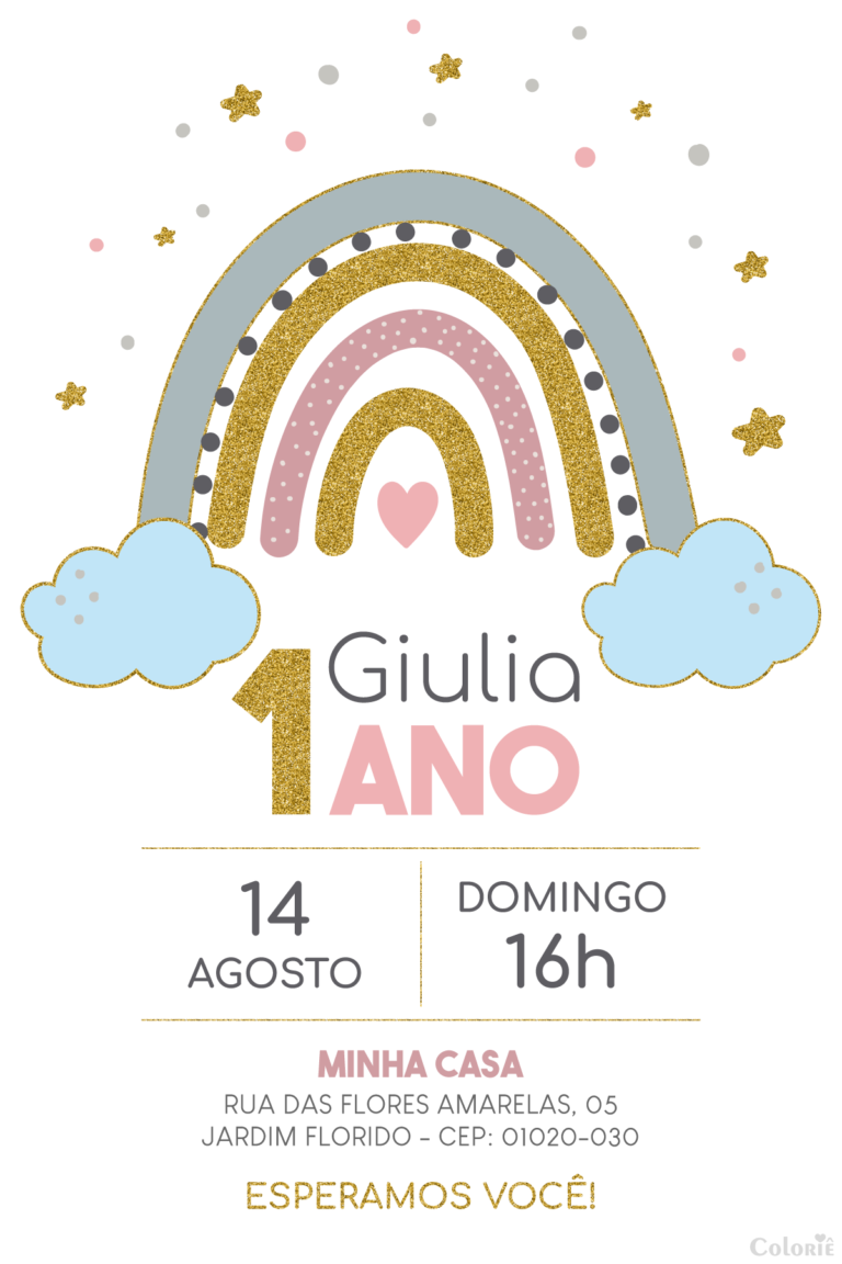 Convite digital de arco-íris para festa de 1 ano com detalhes dourados