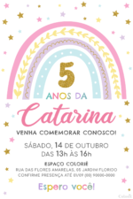 Convite digital de arco-íris fofinho com cores claras para festa