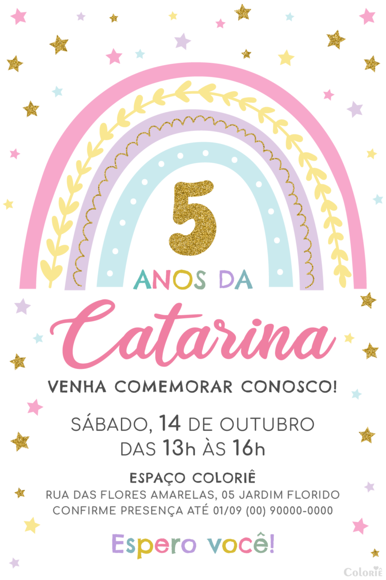 Convite digital de arco-íris fofinho com cores claras para festa