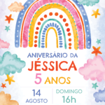 Convite digital de arco-íris com nuvens coloridas para festa