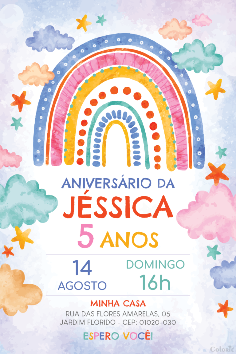 Convite digital de arco-íris com nuvens coloridas para festa
