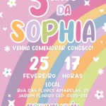 Convite digital de arco-íris rosa com letras coloridas