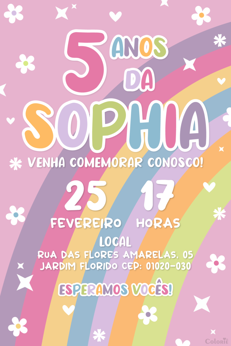 Convite digital de arco-íris rosa com letras coloridas
