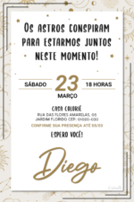 Convite digital de astrologia branco, dourado e preto