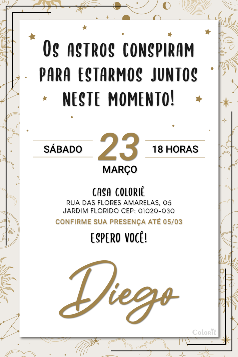 Convite digital de astrologia branco, dourado e preto