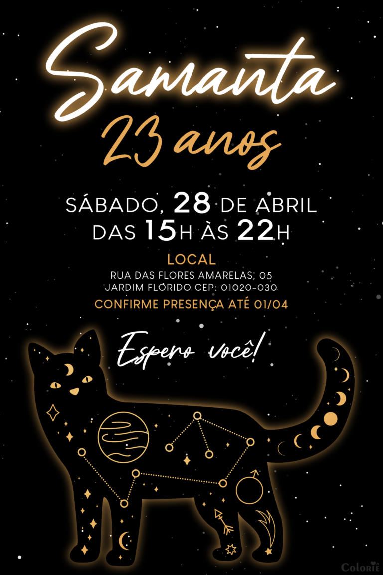 Convite digital de astrologia com gato preto e constelação