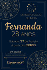 Convite digital de astrologia com signos em azul e dourado