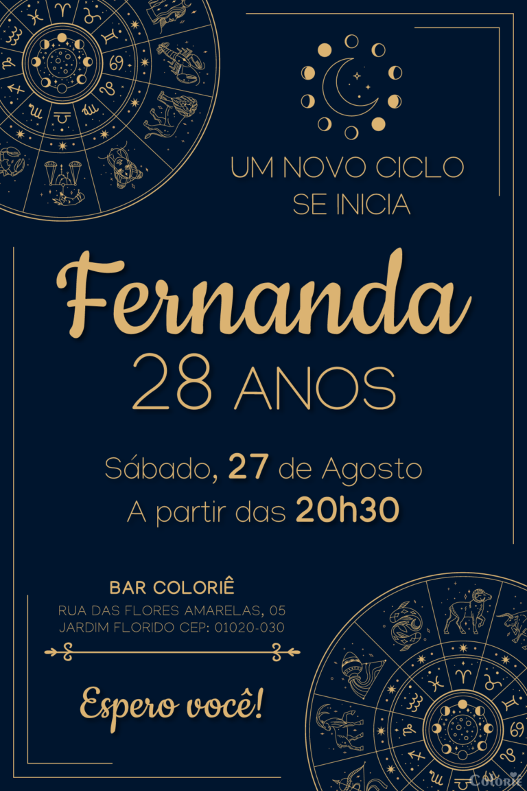 Convite digital de astrologia com signos em azul e dourado