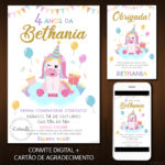 Convite Digital Unicórnio: Colorido e Letra Dourada + Brinde