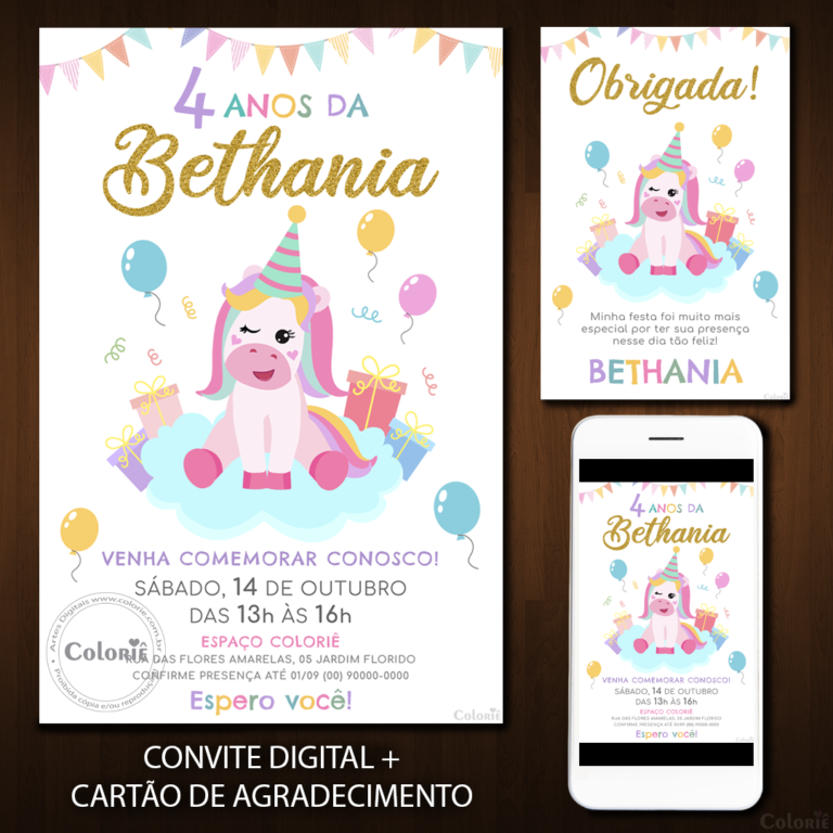 Convite Digital Unicórnio: Colorido e Letra Dourada + Brinde