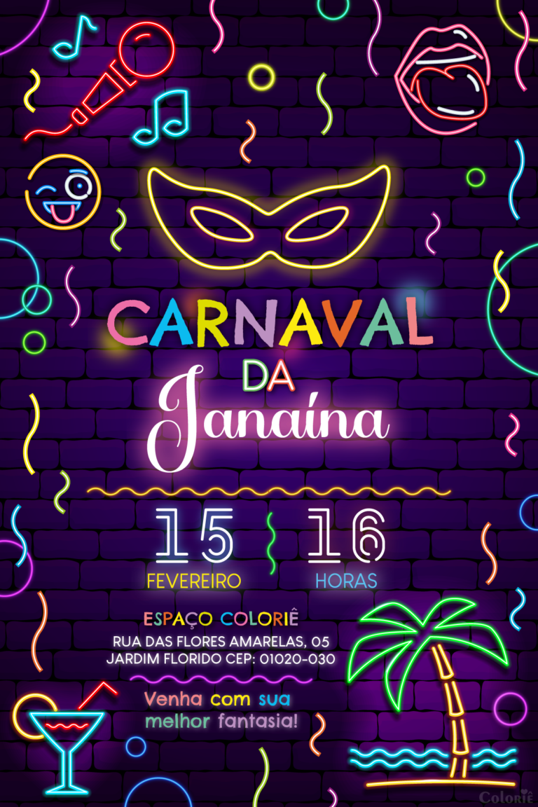 Convite digital de carnaval neon colorido para festa de carnaval