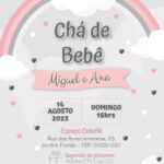 Convite digital de chá de bebê com arco-íris rosa e cinza