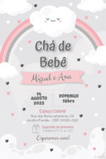 Convite digital de chá de bebê com arco-íris rosa e cinza