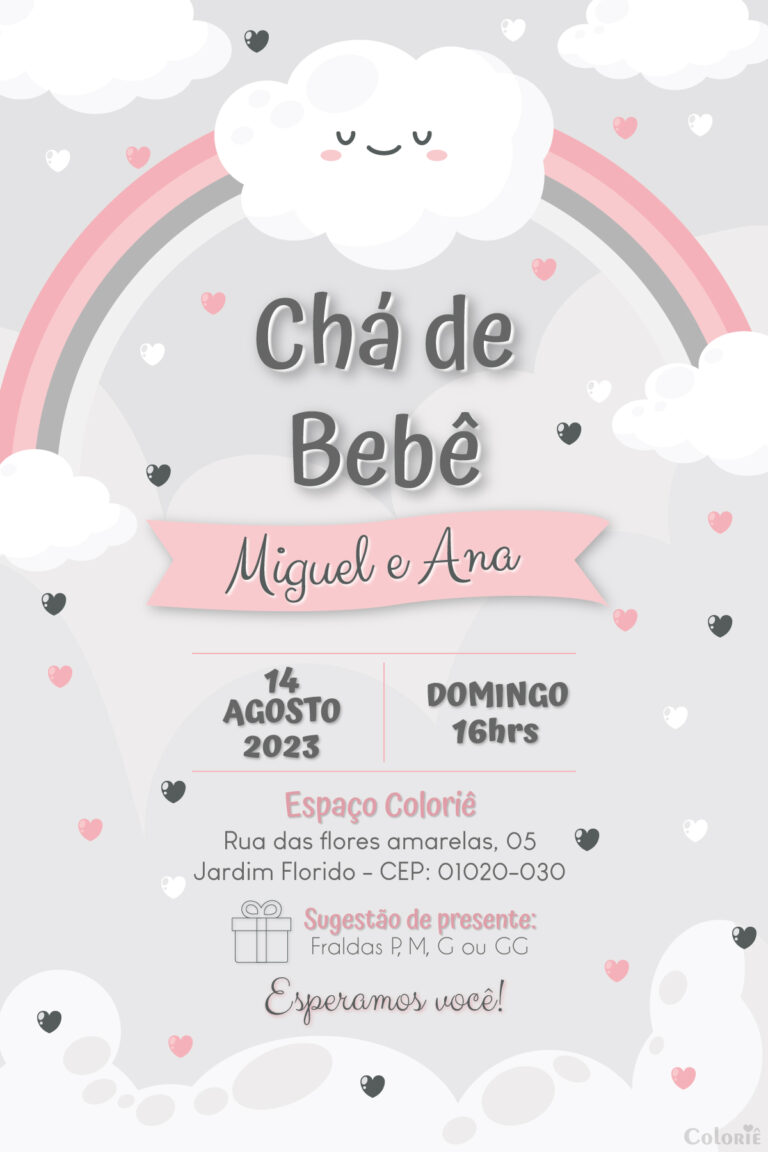 Convite digital de chá de bebê com arco-íris rosa e cinza