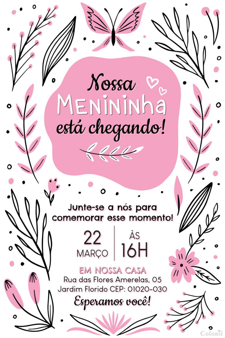 Convite digital de chá de bebê floral rosa e preto