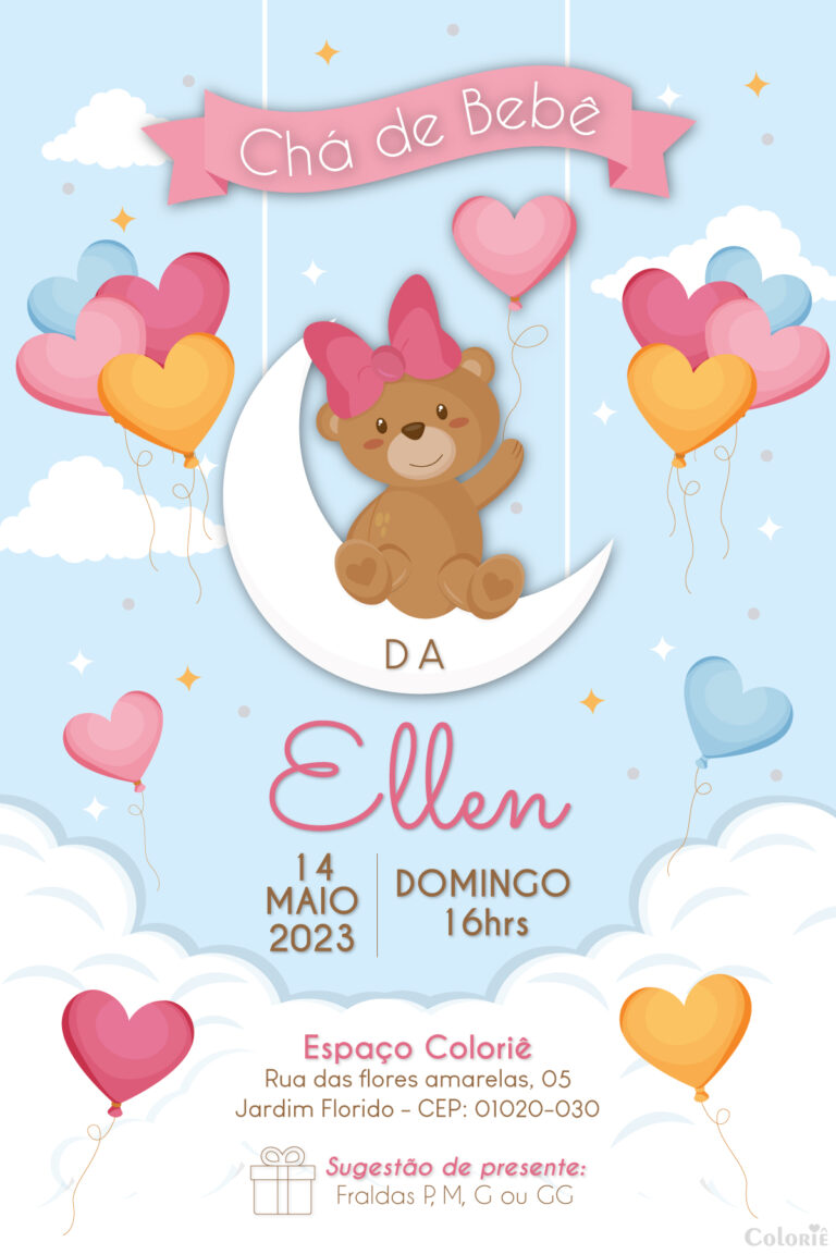 Convite digital de chá de bebê com ursa, balões e coração