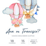 Convite digital de chá revelação com balões, flores e laço