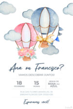 Convite digital de chá revelação com balões, flores e laço