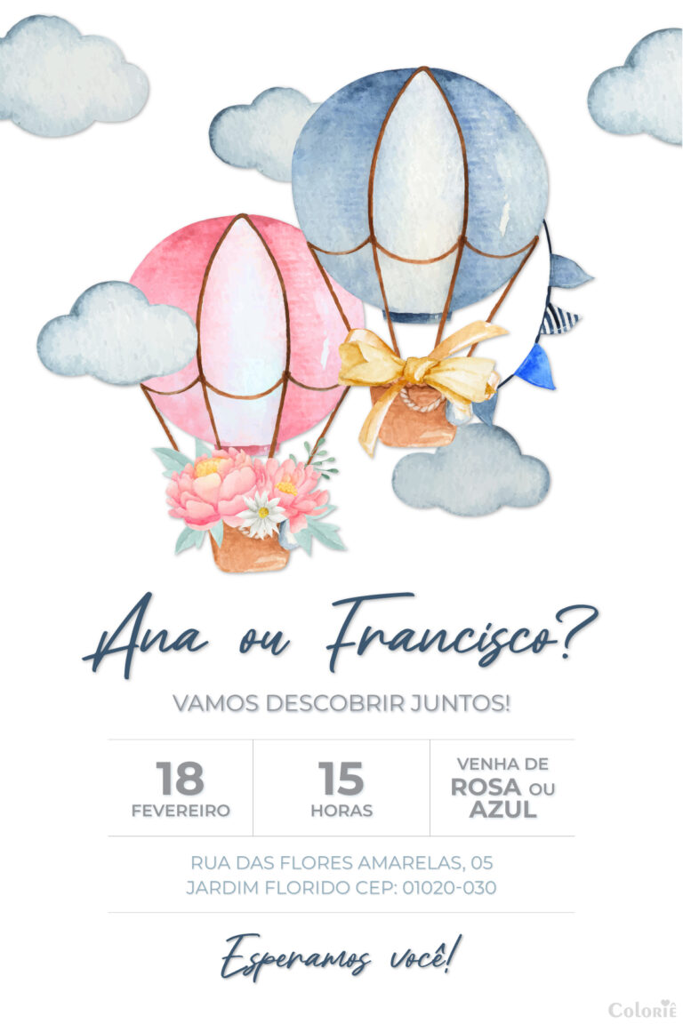 Convite digital de chá revelação com balões, flores e laço