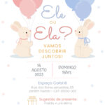 Convite digital de chá revelação com coelhos e balões