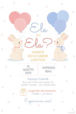 Convite digital de chá revelação com coelhos e balões