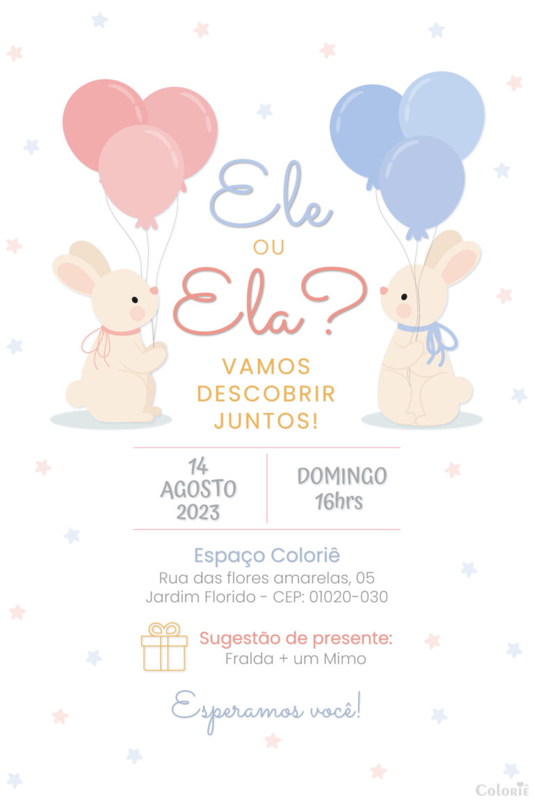 Convite digital de chá revelação com coelhos e balões
