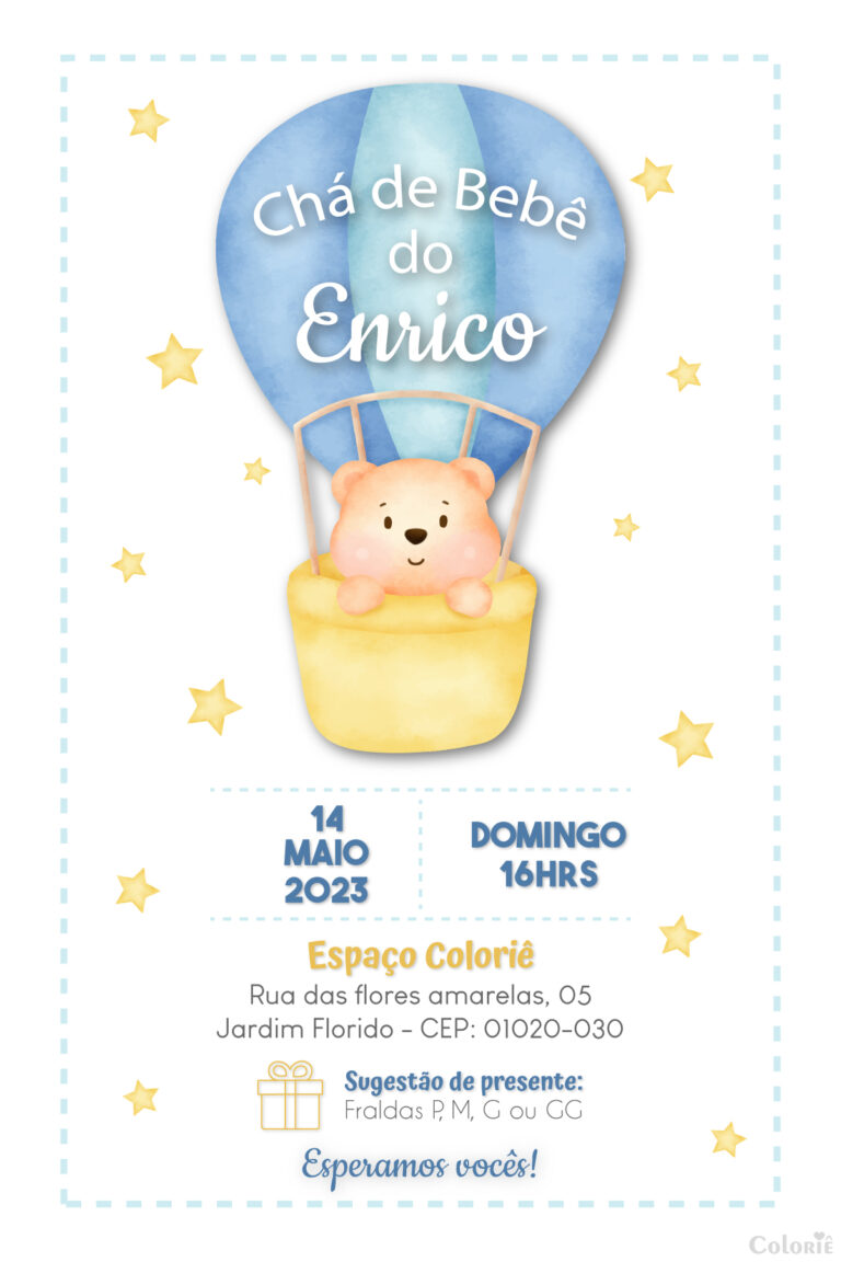 Convite digital de chá de bebê com urso no balão