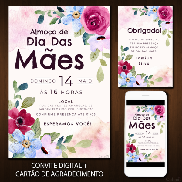Convite Digital Dia das Mães: Floral com Aquarela + Brinde