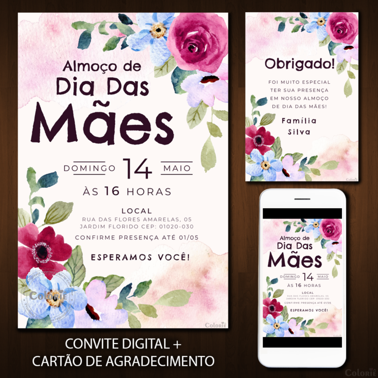 Convite Digital Dia das Mães: Floral com Aquarela + Brinde