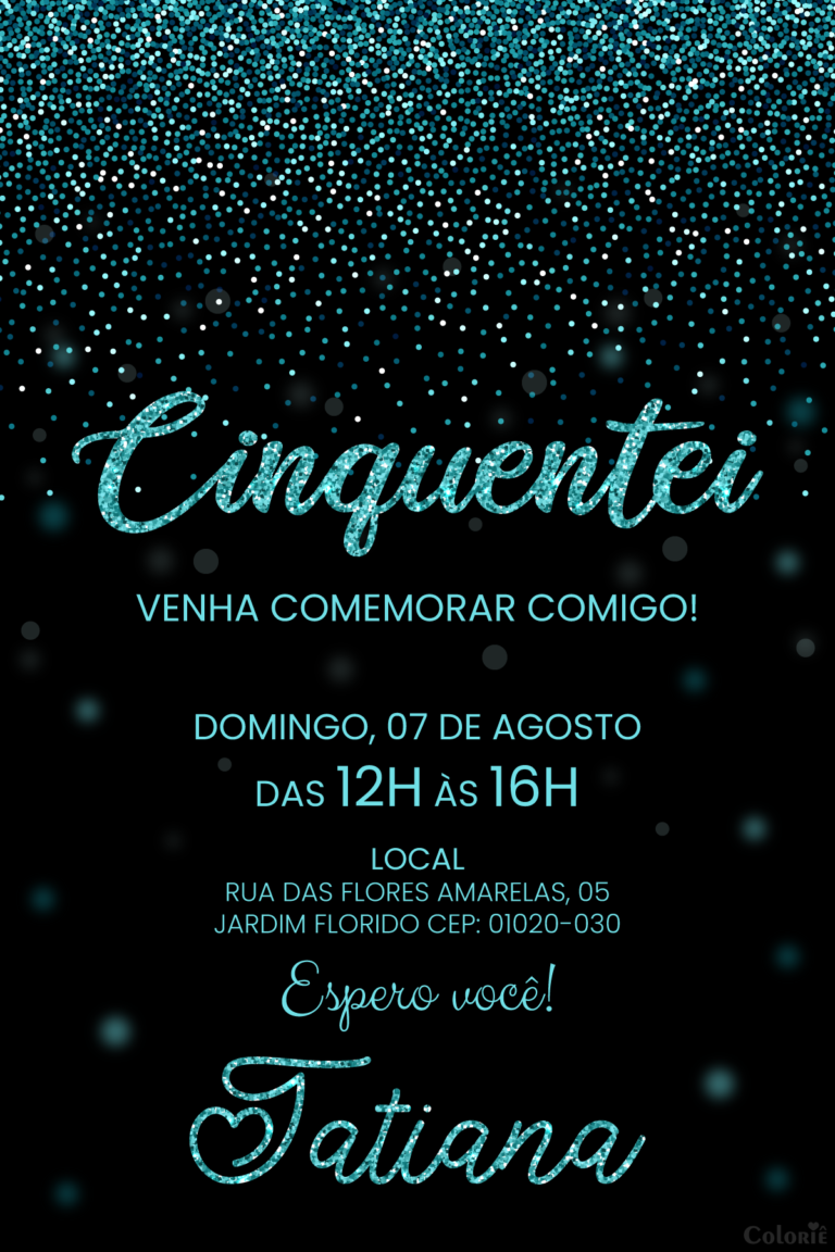 Convite digital de aniversário de 50 anos com glitter azul