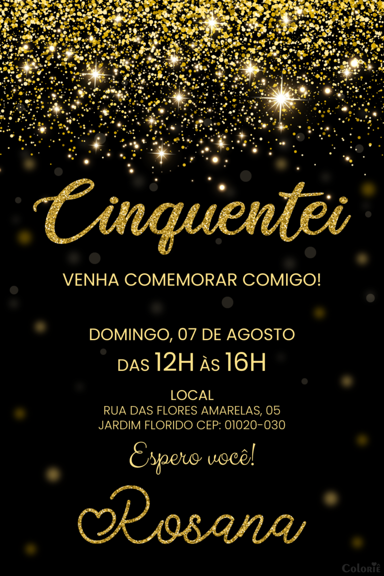 Convite digital de aniversário de 50 anos com glitter dourado
