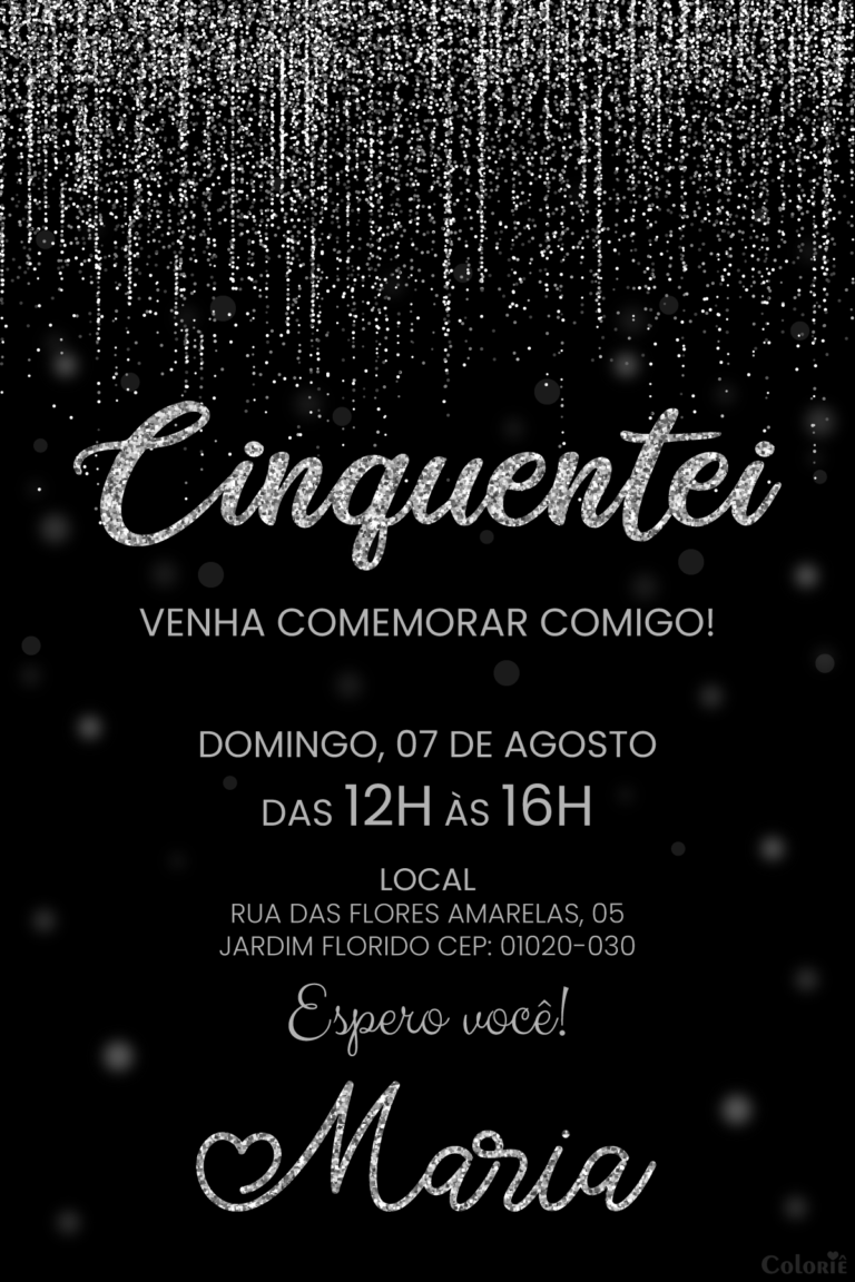 Convite digital de aniversário de 50 anos com glitter prata