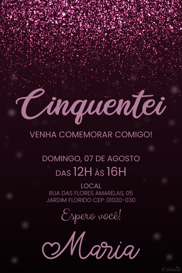 Convite digital de aniversário de 50 anos com glitter rosa