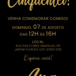 Convite digital de aniversário de 50 anos com letras douradas e glitter