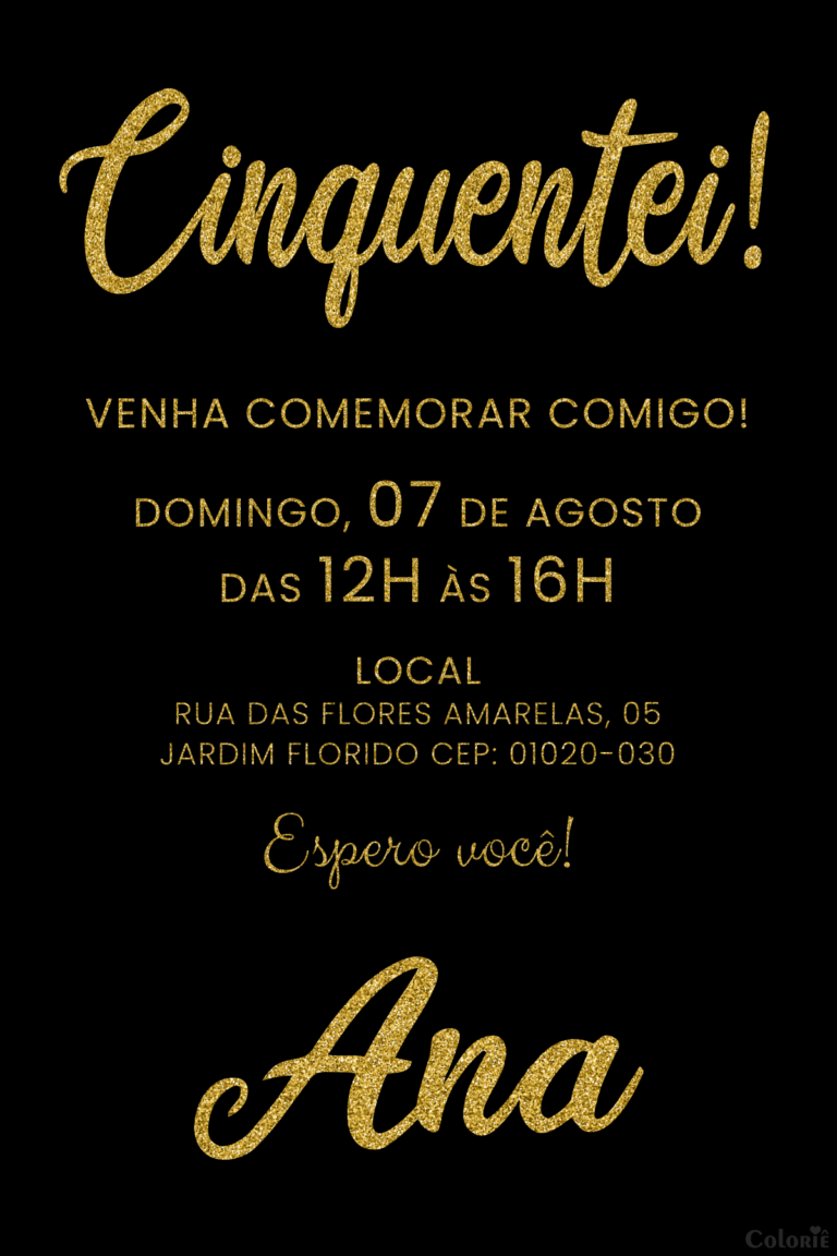 Convite digital de aniversário de 50 anos com letras douradas e glitter