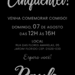 Convite digital de aniversário de 50 anos com letras prateadas e glitter