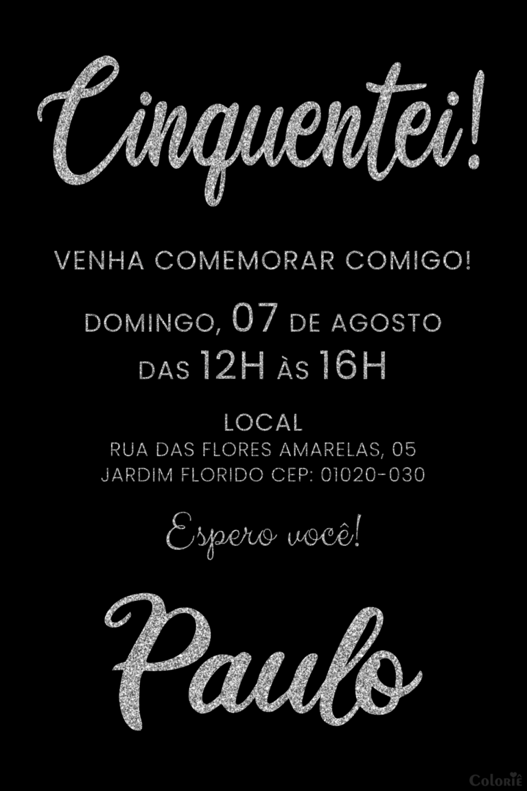 Convite digital de aniversário de 50 anos com letras prateadas e glitter
