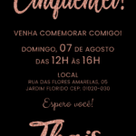 Convite digital de aniversário de 50 anos com letras rose e glitter