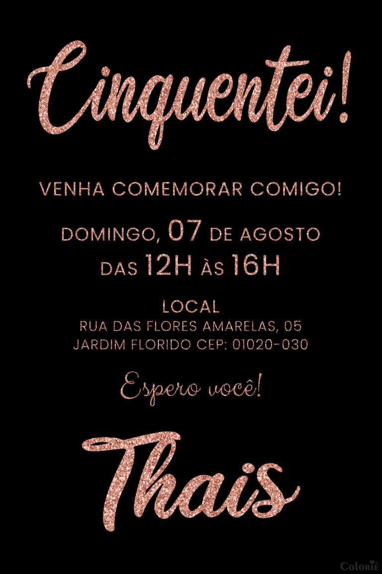 Convite digital de aniversário de 50 anos com letras rose e glitter