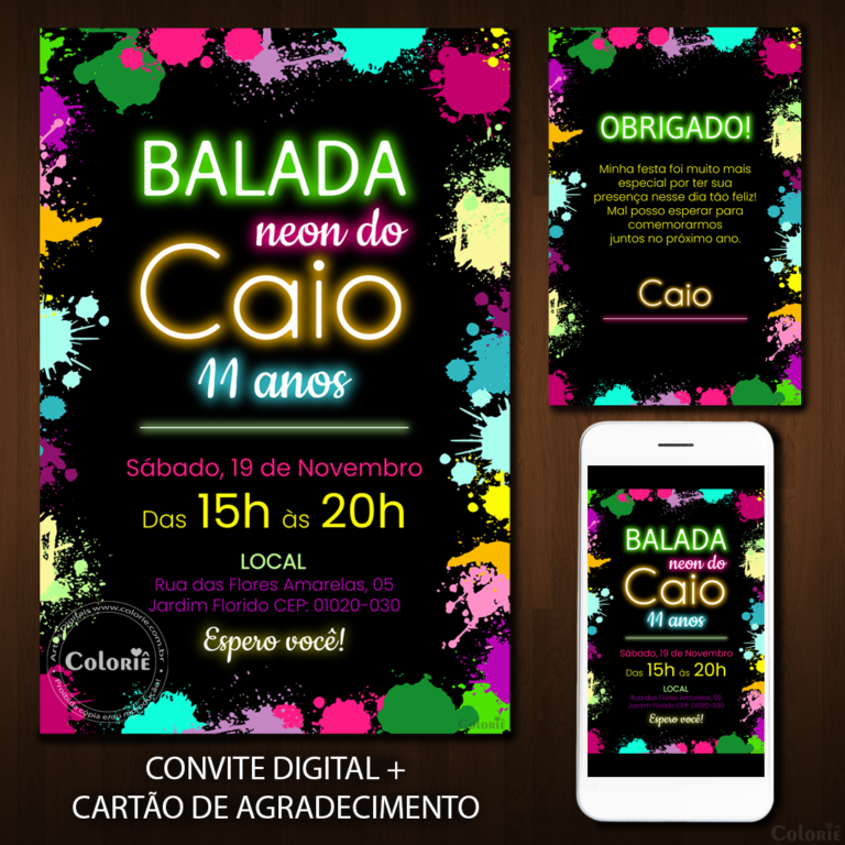 Convite Digital Neon: Tinta Colorida + Brinde