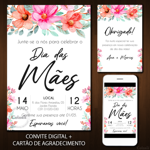 Convite Digital Dia das Mães: Floral e Preto + Brinde