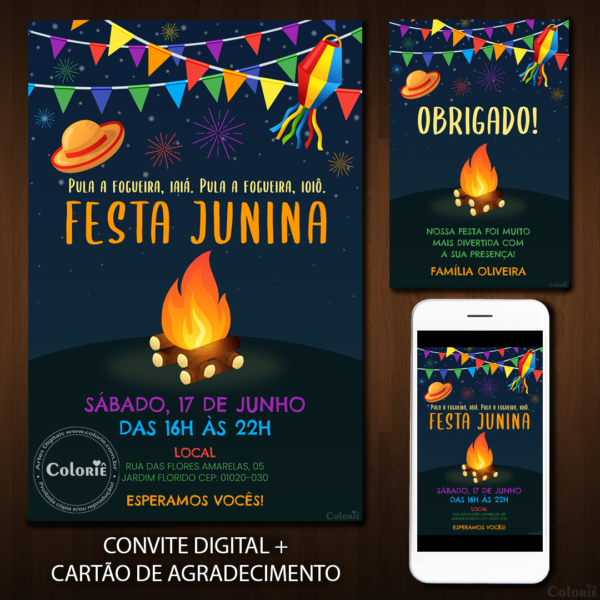 Convite Digital Festa Junina: Noite com Fogueira + Brinde
