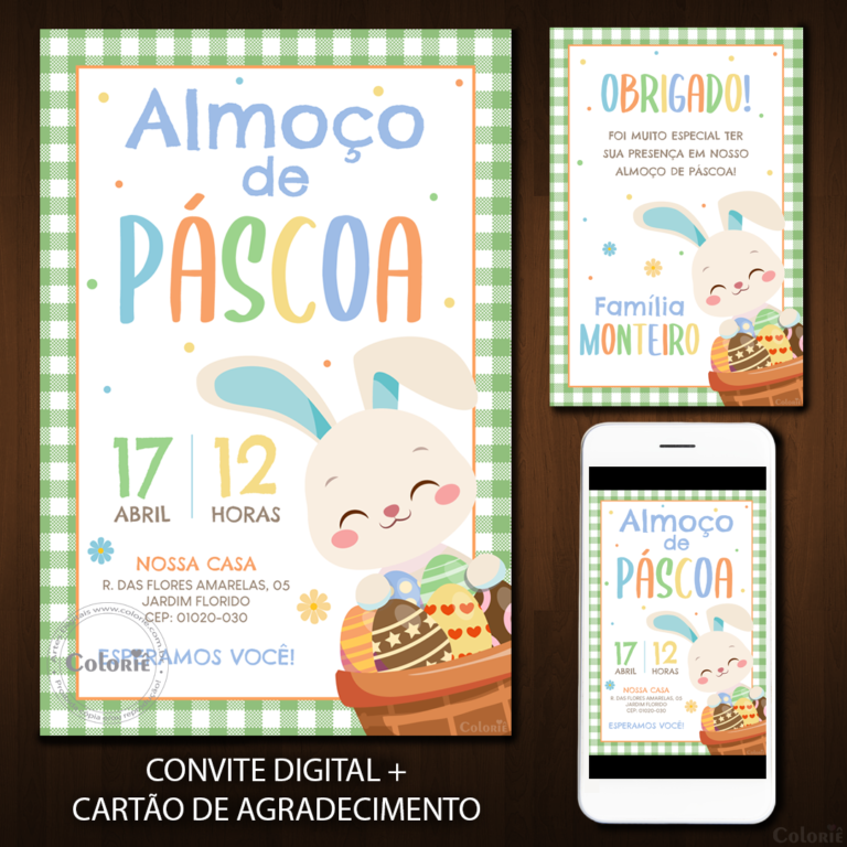 Convite Digital Páscoa: Xadrez com Coelho e Ovos + Brinde