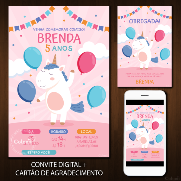 Convite Digital Unicórnio: Rosa com Bexigas + Brinde