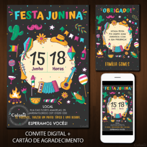 Convite Digital Festa Junina: Ícones Coloridos + Brinde