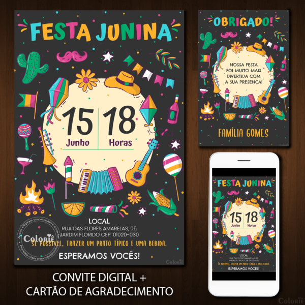 Convite Digital Festa Junina: Ícones Coloridos + Brinde