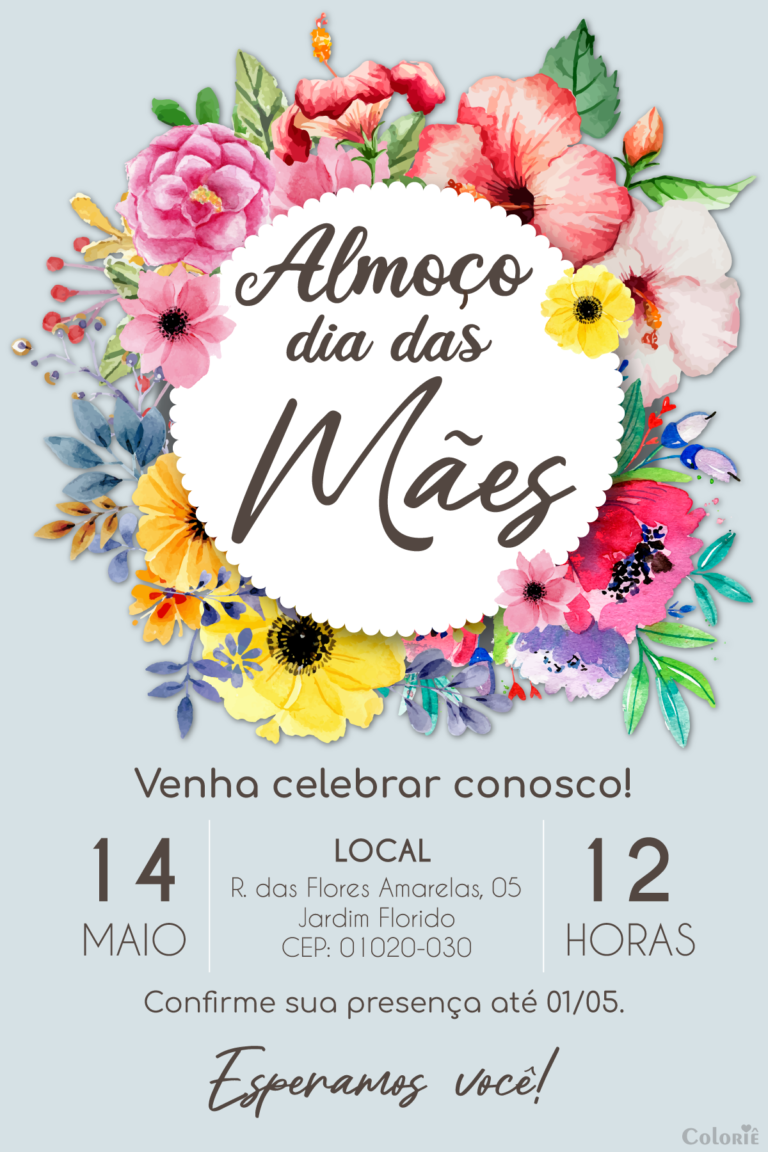 Convite digital de Dia das Mães azul, preto e floral
